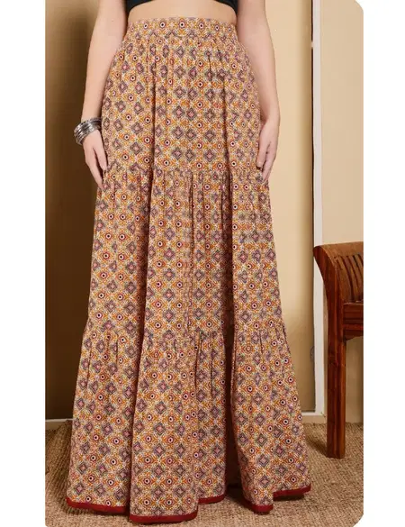 Orange Multi Colour Printed Cotton Online Western Wear Skirt Wholesale BTM033
